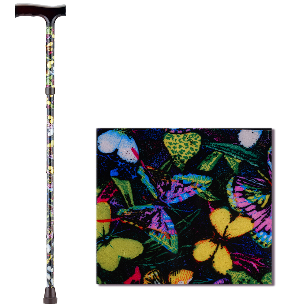 Folding Cane With Wood Grip Handle, Butterflies